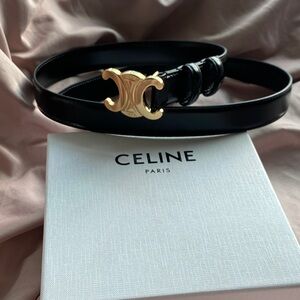 Women's CELINE Black Smooth Leather Triomphe Gold Buckle Slim Belt